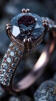 Elegant diamond ring featuring a dark gemstone on a textured surface for luxury display photo