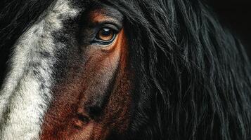 Close-up view of a horse's face showcasing its unique features and expressive eye during a calm moment in its stable photo