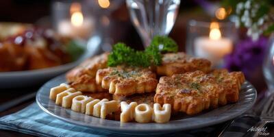 Delicious baked cookies arranged on a plate with a message in a cozy dining setting during an evening gathering photo