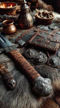 Exquisite craftsmanship displayed with an ancient sword and intricate accessories on a fur-covered surface photo