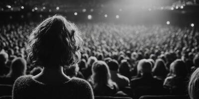 Audience watching a performance in a theater at night with dramatic lighting and an engaged atmosphere photo