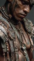 Warrior adorned with intricate jewelry and tribal markings displays strength and tradition in a close-up shot photo