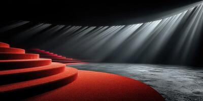 Dramatic red stairs lead to a spotlighted stage in an empty, dimly lit theater at night photo