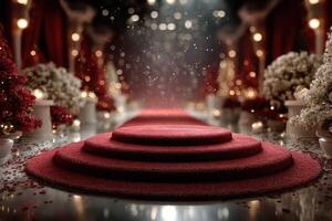 Elegant red carpet event with decorative flowers and soft lighting creating a glamorous atmosphere in a luxurious venue photo