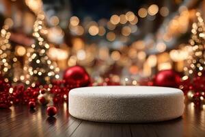 Festive display with a blank round pedestal surrounded by decorative elements during the holiday season photo