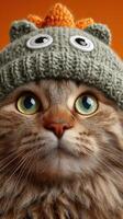 Playful cat wearing a quirky knitted hat against a vibrant orange background showcasing its expressive eyes and fluffy fur photo
