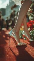 Elegant high heels on a red carpet during a glamorous event in bright sunlight surrounded by festive decorations photo