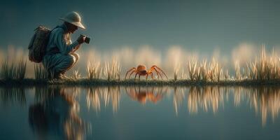 Photographer observes a large spider at a serene water's edge during twilight in a tranquil natural environment photo
