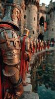 Knights in armor stand guard by the castle moat during a historical reenactment event at sunset photo