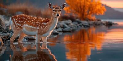 Fawn standing in tranquil water at sunset near golden foliage and rocky shore photo