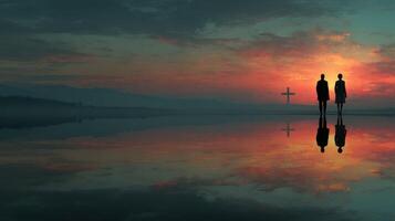 Couple stands on reflective surface during sunset beneath a large cross in a serene landscape photo