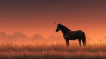 Majestic unicorn standing in a misty field during sunset with a vibrant orange sky photo