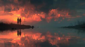 Couple standing by a tranquil lake at sunset with vibrant clouds reflecting on the water photo