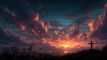 Breathtaking sunset over a city skyline with vibrant clouds and a silhouette of a cross photo