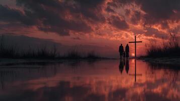 Family reflection during sunset at a serene location with a cross in view photo