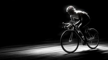 Cyclist in motion riding on a dark road with light trails at night photo