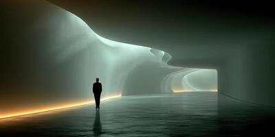 Modern architectural design featuring a solitary figure in a surreal hallway illuminated by soft light photo