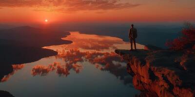 Sunset view over a serene lake and mountains from a rocky cliff with a lone hiker photo