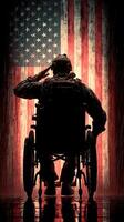 Brave soldier salutes in front of American flag while seated in wheelchair during somber moment photo