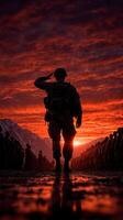 Soldier saluting during sunset in a military ceremony with dramatic sky and mountainous backdrop photo