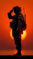 Soldier salutes during sunset, symbolizing honor and duty in a serene landscape photo