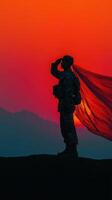 Soldier saluting at sunset with flowing fabric creating a striking silhouette against vibrant colors photo