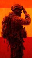Military soldier saluting with pride against a vibrant red backdrop at dusk photo