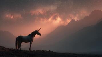 Majestic unicorn standing against a stunning twilight landscape with mountains and a starry sky photo