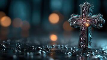 Sparkling cross adorned with jewels rests on a wet surface with soft bokeh lights in the background during twilight photo