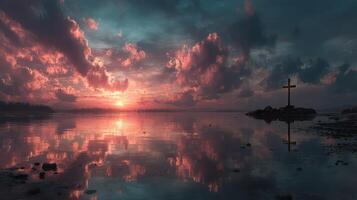 Majestic sunset reflecting on calm waters with dramatic clouds and a cross in the foreground photo