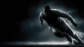 Dynamic athlete sprinting on an illuminated field during a high-stakes match in early evening hours photo