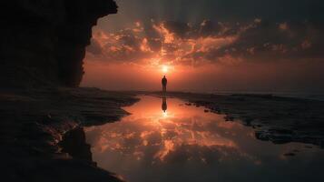Sunset reflection on tranquil beach with solitary figure standing by water photo