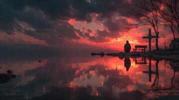 Vibrant sunset reflects off calm waters as a lone figure sits quietly at the lake's edge during twilight hours photo