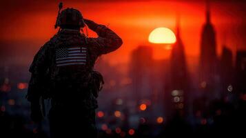 Soldier saluting during sunset with city skyline in background evokes a moment of reflection and tribute photo