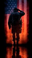Soldier saluting in front of American flag at twilight with reflective ground photo