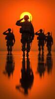 Soldiers salute during sunset, reflecting their unity and commitment to service in a serene landscape photo