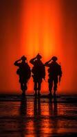 Soldiers salute against a dramatic sunset backdrop illuminating their silhouette during a military ceremony photo