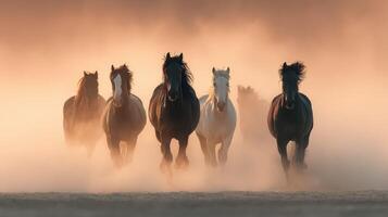 Majestic horses running through dusty plains at sunset creating an enchanting atmosphere of freedom and beauty photo