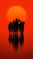 Soldiers saluting against a bright sunset with reflections in a tranquil setting photo