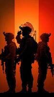 Soldiers in silhouette stand against a vibrant background inspired by national colors at dusk photo