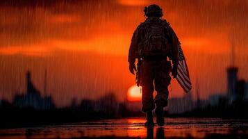 Soldier walking at sunset while holding American flag under rainy skies in urban setting photo