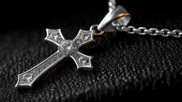 Elegant diamond cross pendant showcases intricate design and craftsmanship on a textured background photo