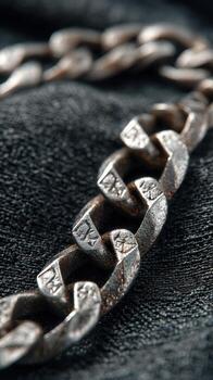 Unique metal chain displayed on textured black fabric highlighting its design and craftsmanship in a close-up view photo