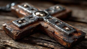 Vintage wooden cross with metal details resting on a rustic wooden surface photo