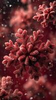 Detailed view of a vibrant red snowflake amidst soft falling snow in a winter wonderland setting photo
