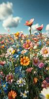 Bright wildflower field under a clear sky with vibrant blooms swaying gently in the breeze photo