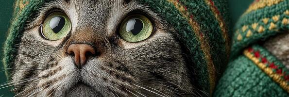 Curious cat wearing a green knitted hat looking up with bright eyes in a cozy setting photo