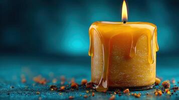 Candle with molten wax melting down its side on a textured surface against a blue background photo