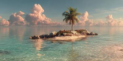 Tranquil island with a single palm tree surrounded by serene turquoise waters and fluffy pink clouds at sunset photo