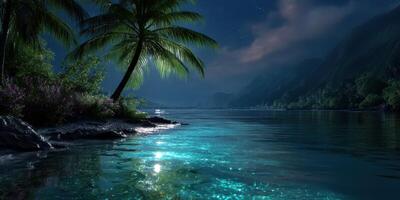 Nighttime serenity by a tropical river, illuminated water, and lush vegetation create a peaceful atmosphere under a starry sky photo